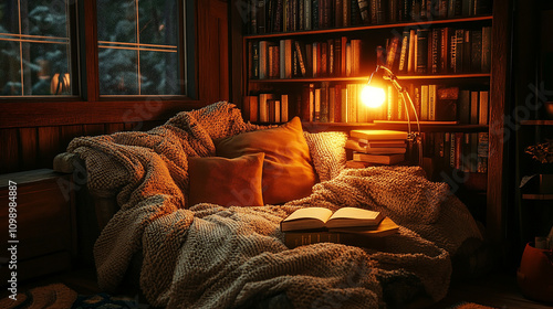 A cozy reading nook with soft blankets and warm light