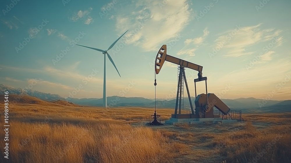 Naklejka premium A wind turbine spinning near an oil pump jack in a rural field, selective focus, theme of energy coexistence, surreal, blend mode, open countryside backdrop