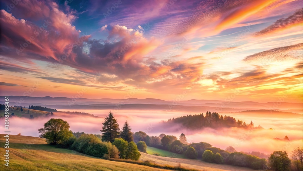 Fototapeta premium Serene Sunrise Over Misty Valley with Rolling Hills and Lush Green Fields
