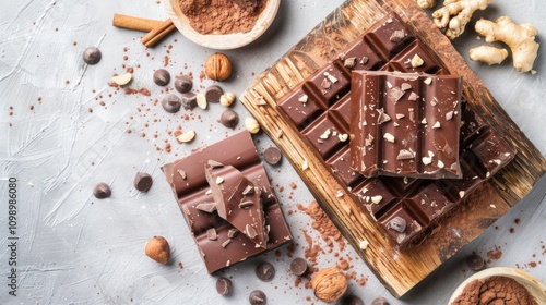 Chocolate bars with nuts and cocoa powder on a textured background