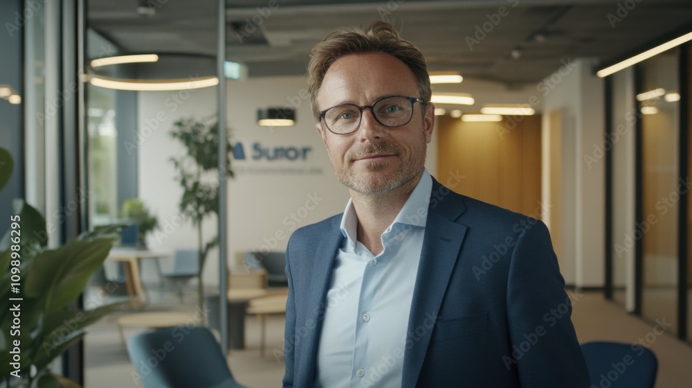 Obraz premium Confident businessman standing in modern office with clear background