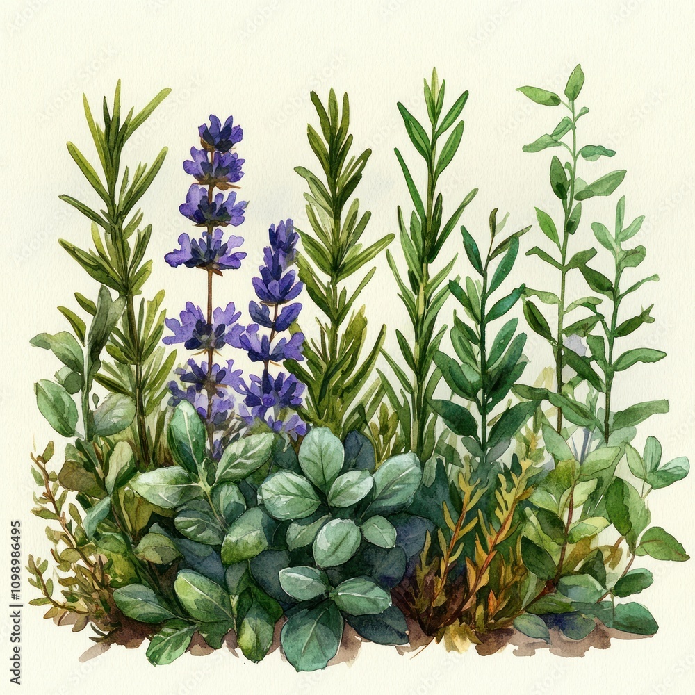 Obraz premium A vibrant illustration of various green plants and herbs, showcasing their natural beauty.