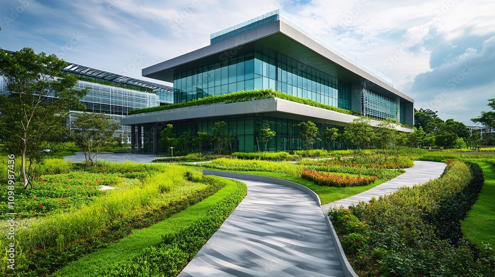Fototapeta premium 11.A green hospital building with a modern, eco-friendly design, featuring rooftop gardens, solar panels, and sustainable construction materials. The hospital’s sleek design is surrounded by lush