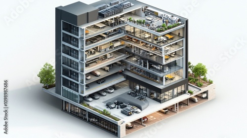 57.An isometric cutaway of a tall office building, showing a flat roof with mechanical equipment and a detailed view of the interior office spaces. The underground section includes a basement parking