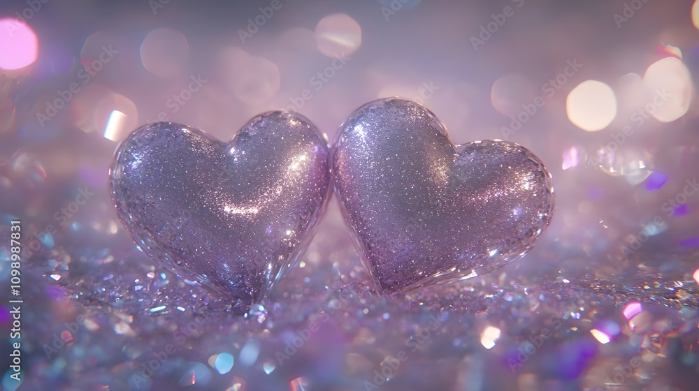 Obraz premium Two glittering pink hearts on a shimmering surface.