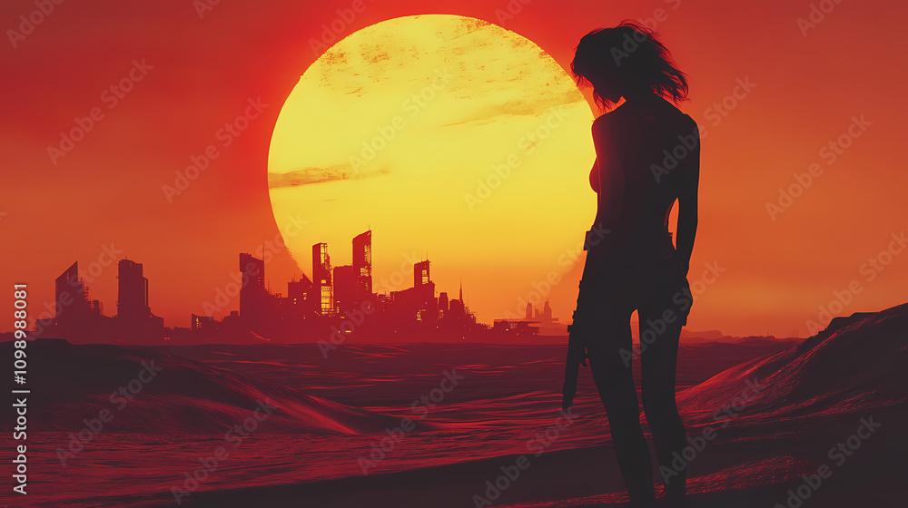 Fototapeta premium Dune style dystopian wallpaper art, futuristic city landscape, decay sunset, nomad survivor woman, sci-fi science fiction parallel universe planet game poster artwork, desert. Dystopian. Illustration