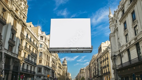 65.A large, minimalistic white billboard mounted high on a Madrid building, towering over a busy intersection. The street is lined with historical buildings, while the billboard contrasts against the
