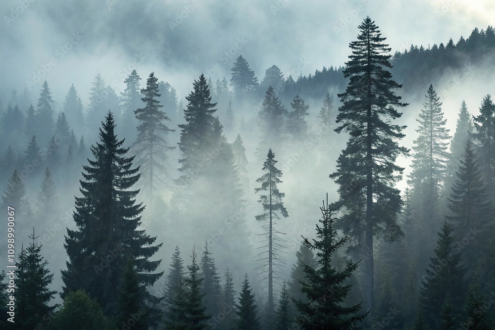 Fototapeta premium Towering dark spruce trees surrounded by thick fog, mysterious landscape, misty woods, dark atmosphere, coniferous forest