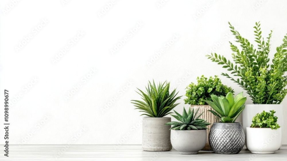 Fototapeta premium Fresh Green Plants in Elegant Pots on Light Background