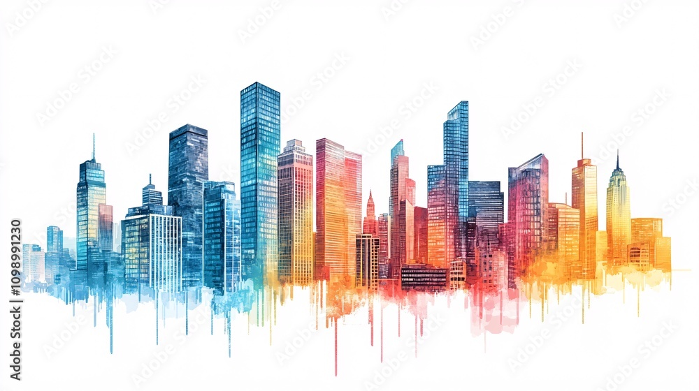 Obraz premium 18.A vibrant city skyline with modern skyscrapers and sleek office buildings, set against a white background. The buildings are designed with glass and steel, capturing the essence of a contemporary