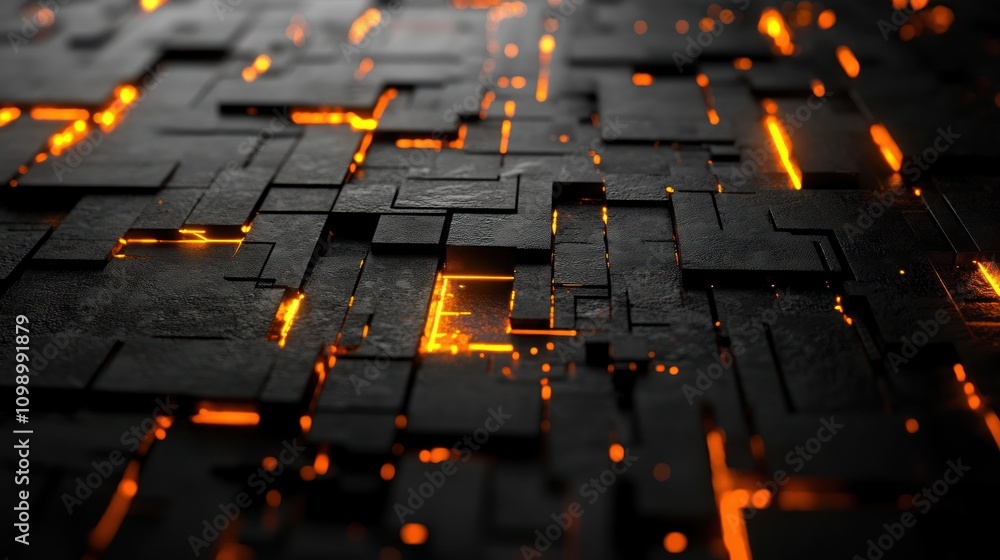 Fototapeta premium Abstract dark surface with glowing orange lines, suggesting a futuristic or technological theme.