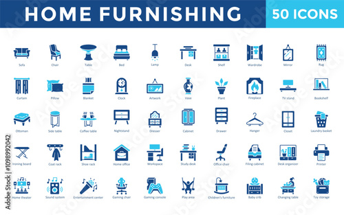 Home Furnishing icons set with sofa, chair, table, bed, lamp, desk, shelf, wardrobe, mirror, rug icon. Simple flat vector 
