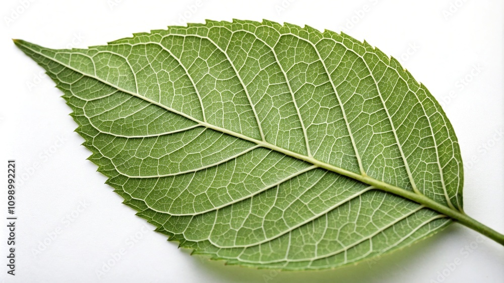 Fototapeta premium A close-up shot of a leaf with detailed veins and ridges against a simple white background, closeup, detail, photography, leaf, botanical