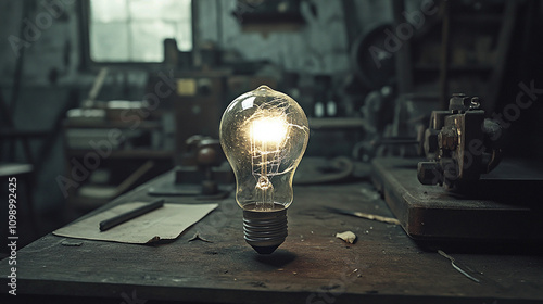 A cracked light bulb emitting a faint flicker on a wall photo