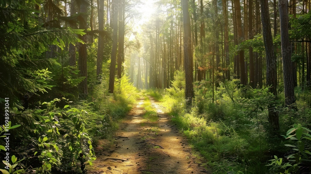 Fototapeta premium Beautiful forest path amidst dense green trees