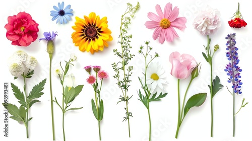 A variety of colorful flowers arranged in a row on a white background.