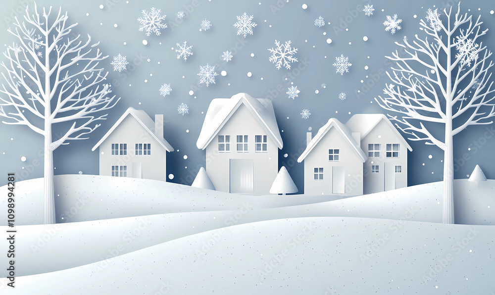 Fototapeta premium Paper art-style depiction of houses in the snow, with a simple background featuring trees and falling snowflakes