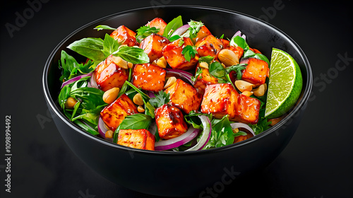 Savory tofu salad with fresh herbs modern kitchen food photography dark background high angle healthy eating