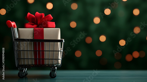 Holiday shopping festive gift in mini cart cozy indoor setting product photography warm atmosphere close-up view joyful concept