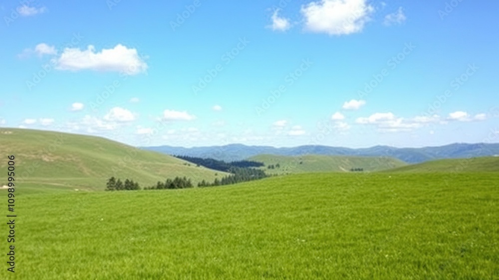 Obraz premium A serene green grass lawn surrounded by rolling hills and a few scattered clouds drifting lazily across the clear blue sky above it, natural scenery, countryside view, green lawn