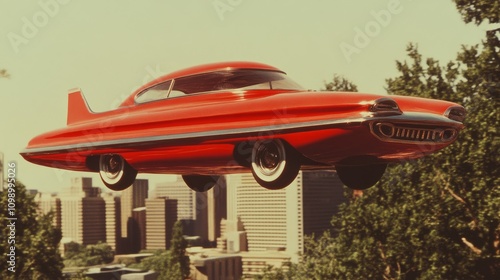 illustration of a retro sci-fi scene with flying cars, futuristic buildings, and vintage spacesuits, inspired by 1960s visions of the future.