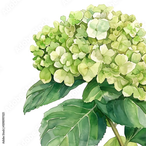 Watercolor Green Hydrangea Isolated on White Background. Beautiful Hydrangea Flower