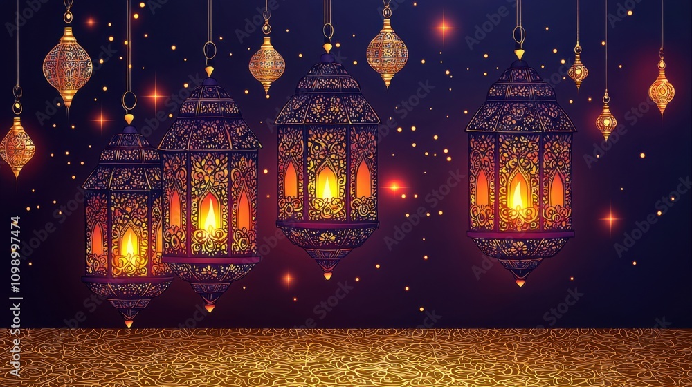 Obraz premium Festive Ramadan Lanterns Islamic Arabic Hanging Lights Celebration Background Decor Golden Night