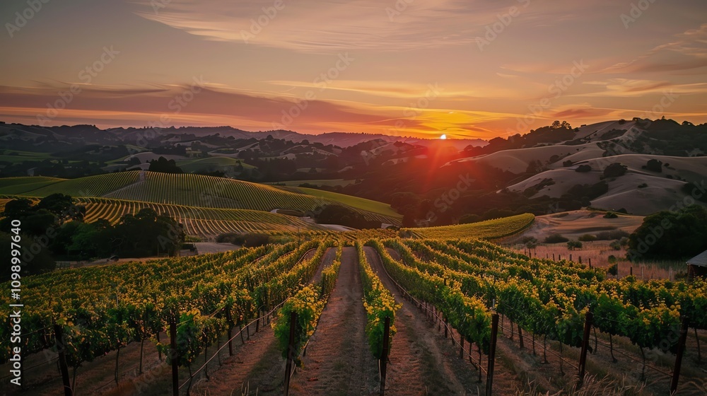 Fototapeta premium A vineyard at sunset in the countryside.