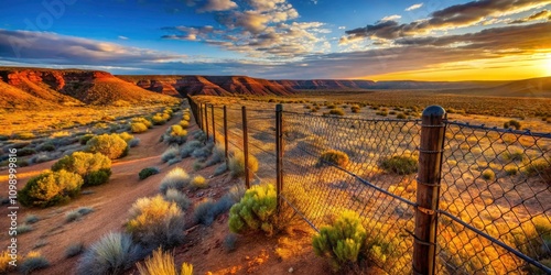 Rabbit Fence in Cooper Pedy National Park, South Australia - Scenic Landscape with Unique Wildlife Barrier and Expansive Sky, Ideal for Nature Lovers and Environmental Conservation Themes photo