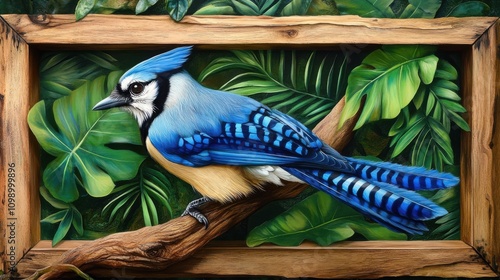 Vibrant Blue Jay Perched Amidst Tropical Greenery in Frame photo