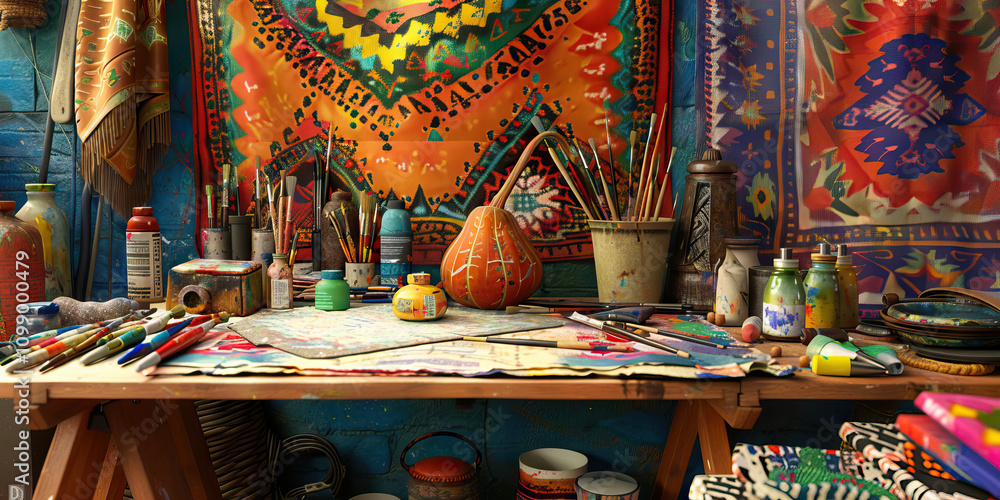 Naklejka premium Argentine Bohemian Artist's Nook: A cozy, cluttered desk surrounded by vibrant tapestries, paintbrushes, and a maté gourd and bombilla.