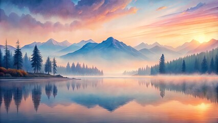 Crédence de cuisine  Serene Mountain Lake at Sunrise Misty Reflections of Peaks and Pine Trees  © Mali