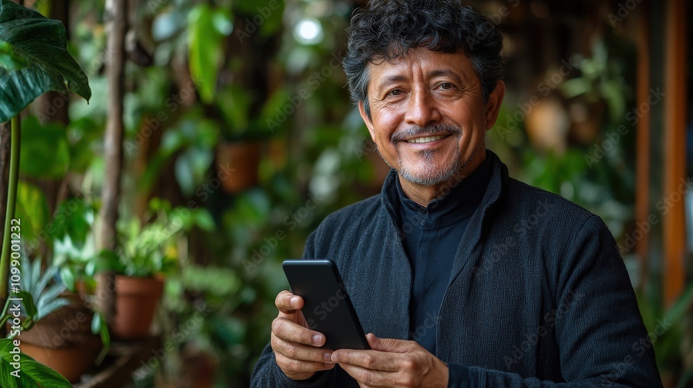 Fototapeta premium A smiling man holding a smartphone in a lush, green environment.