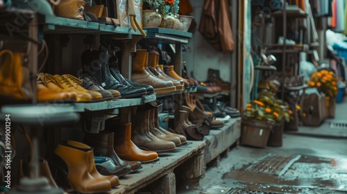 Display of leather shoes on shelves in a vintage market setting