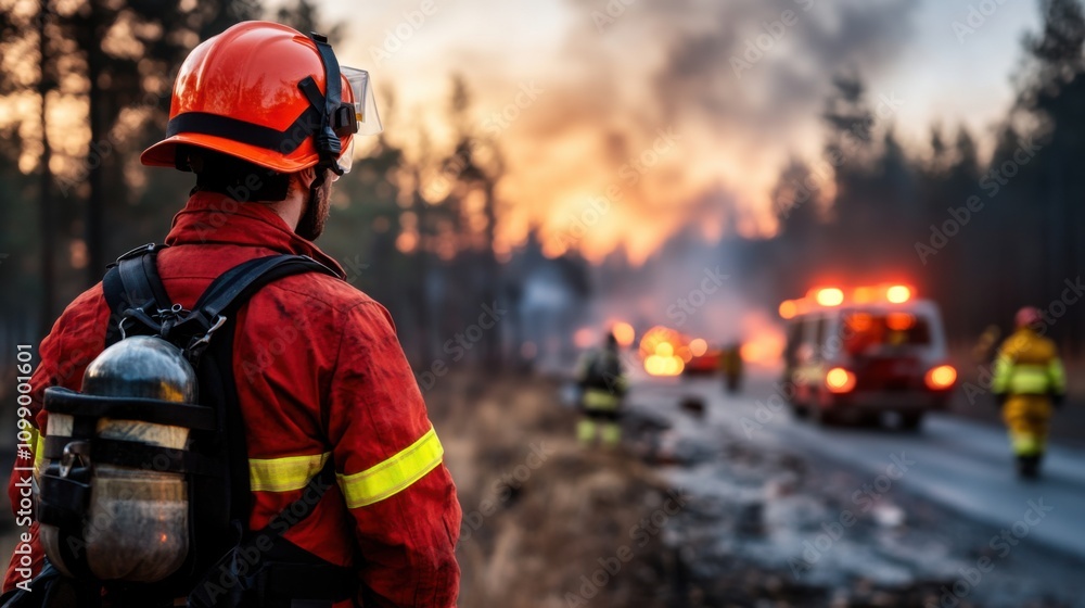 Fototapeta premium Brave firefighter monitoring active wildfires with smoke and glowing flames in the background, emergency response during sunset in a forested area