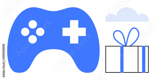 Gaming controller, gift box with ribbon, and cloud. Ideal for online gaming, rewards, achievements, gaming events, promotions virtual gifts cloud gaming. Line metaphor
