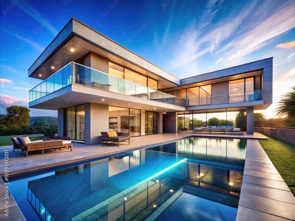 Fototapeta premium Modern House with Pool in Front Yard on a Sunny Day Luxury Living, Outdoor Oasis, Summer Vibes, Tranquil Retreat, Spacious Design, Family Home, Dream Residence, Stylish Landscape, Bright Atmosphere