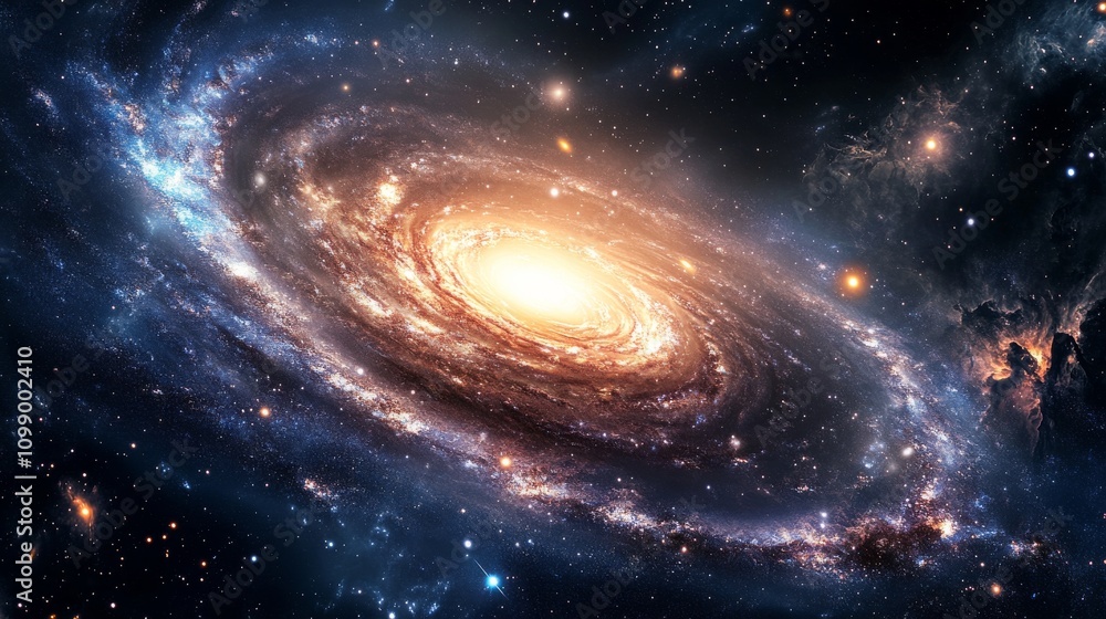 Fototapeta premium A panoramic view of a spiral galaxy with swirling arms and bright star clusters, against a backdrop of interstellar dust, Galactic style