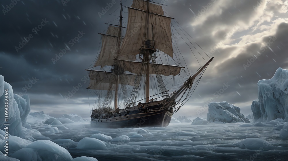 Fototapeta premium a ship in the ocean with a sail on the bottom.