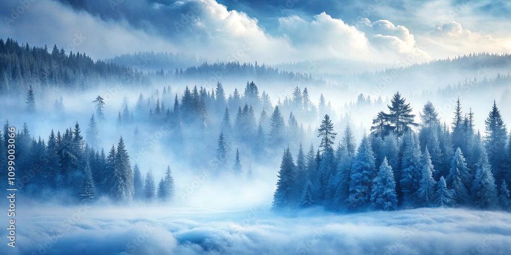 Fototapeta premium Serene Winter Landscape Misty Mountains and Snow-Covered Evergreens