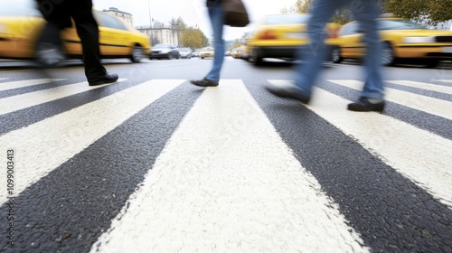 Wallpaper Mural A low-angle view of pedestrians crossing a street with yellow taxis in the background. Torontodigital.ca
