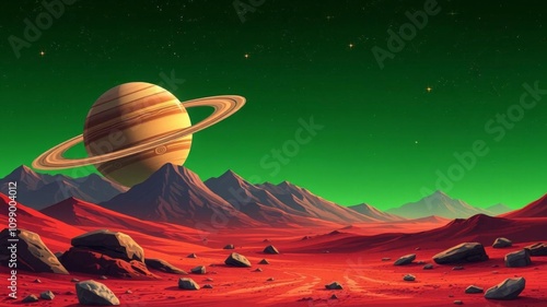 martian landscape with red desert, towering mountains, saturn, stars, and green sky, Mars, illustration photo