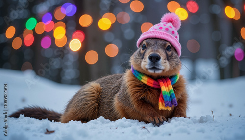 Groundhog in pink hat and rainbow scarf with festive lights