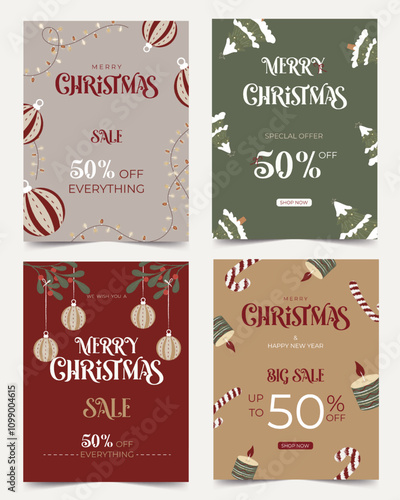 Set of Christmas sale designs with festive elements. Vector illustration