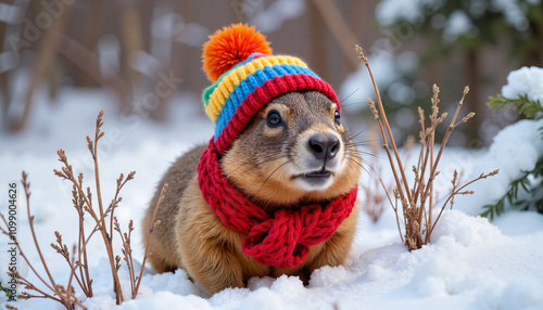 Groundhog wearing colorful hat and scarf in snowy landscape