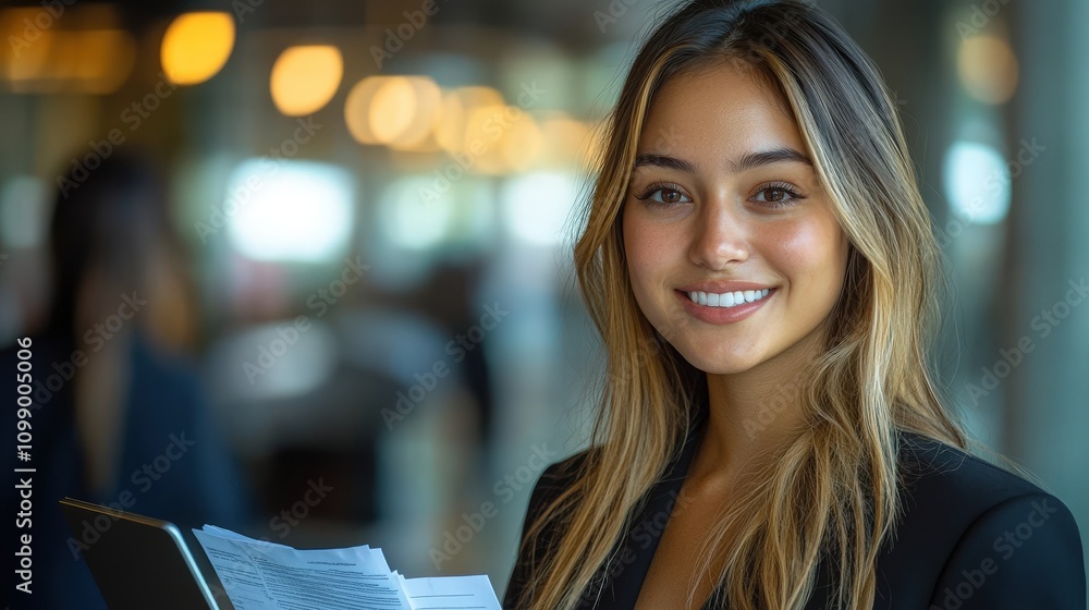 Fototapeta premium A smiling woman holding documents in a professional setting.
