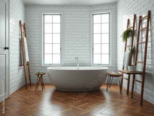 Modern bright bathroom with round bathtub, green decor, glass brick walls, ladder towel hanger, parquet floor, minimal design, green decor, glass brick walls