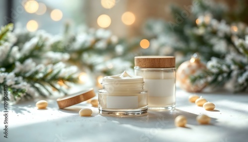 Jars with labels for mockup of handmade products at Christmas package design graphic template