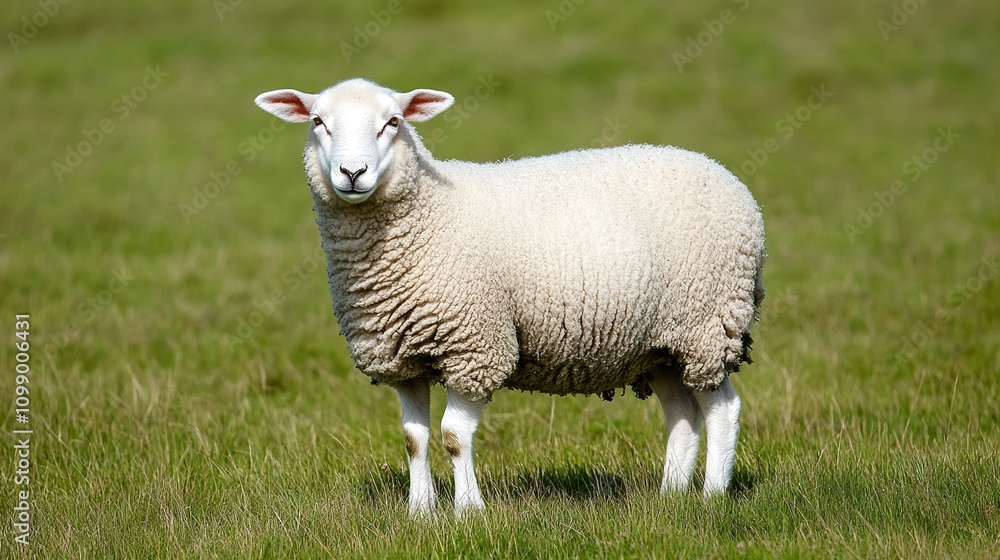 Fototapeta premium Majestic White Sheep in Lush Green Pasture: A Serene Farm Animal Portrait