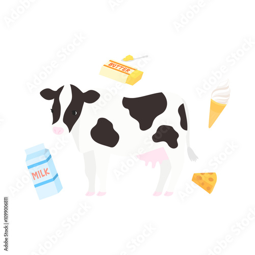 乳牛と乳製品。フラットなベクターイラスト。
Dairy cow and dairy products. Flat vector illustration.